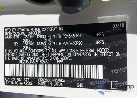 2018 Toyota 4Runner Limited z USA, uszkodzony, nr VIN JTEZU5JR8J5182469